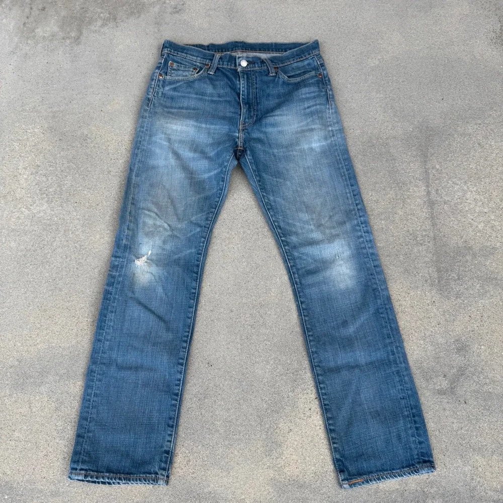 Levi's 513 Slim Straight Jeans Mens 33x32 Medium Wash Distressed Blue Denim